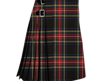 Men's Black Stewart Tartan Kilt, Adjustable Acrylic Wool, Made to Order