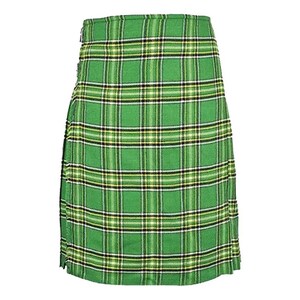 May include: A green plaid kilt with a traditional design. The kilt features a pattern of green, black, and white lines. The garment is made of a woven fabric and has a wrap-around style with a side closure.