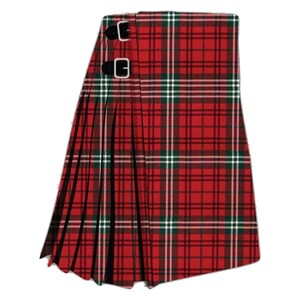 May include: A red and black plaid kilt with green and white accents. The kilt has a pleated design and two black leather straps with silver buckles. The traditional Scottish garment is made of a woven fabric.