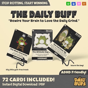Op de afbeelding: Drie geïllustreerde kaarten van het spel "The Daily Buff", met een kikkerpersonage. De kaarten heten "The Main Character", "The Ultimate Day" en "The Full Glow-Up". De tekst "72 KAARTEN INBEGREPEN!" is ook zichtbaar.