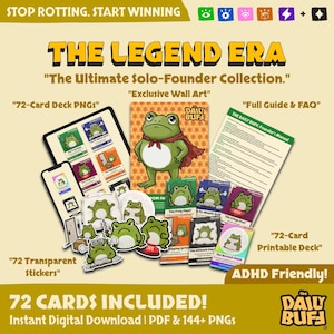 Op de afbeelding: Een digitale downloadcollectie genaamd "The Legend Era" met een kikker-mascotte. Bevat "72-Card Deck PNG's", "Exclusive Wall Art", "Full Guide & FAQ", "72 Transparent Stickers" en een "72-Card Printable Deck". De tekst "ADHD Friendly!" is ook inbegrepen.