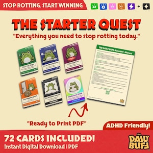 May include: The Starter Quest game cards with frog illustrations. The cards include titles like "The Frog Ringer" and "The Burnout Shield." The image also includes a manual and text that reads "Ready to Print PDF" and "72 Cards Included!"