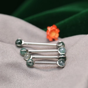 Green Moss Agate 14G Titanium Nipple Rings Barbell Bridge Piercing Jewelry Straight Internally Threaded Body Piercing Tongue Rings