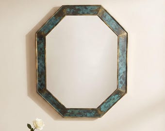 Rustic Brass Octagon Mirror, Antique Brass Wall Mirror, Geometric Bathroom Vanity Mirror, Vintage Entryway Decor, Handmade Brass Home Accent