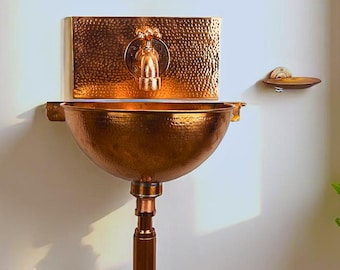 Hammered Copper Wall Mounted Bathroom Sink with Decorative Faucet - Handcrafted Basin for Vintage & Modern Interiors