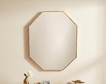 Unlacquered Brass Octagon Mirror, Handmade Vintage Style Geometric Wall Mirror, Solid Brass Vanity Mirror for Bathroom & Entryway