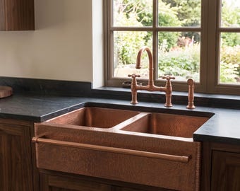 Handcrafted Copper Sink, Double Bowl Wall Mounted, Hammered Apron Basin, Rustic Kitchen Decor, Farmhouse Sink With Towel Bar