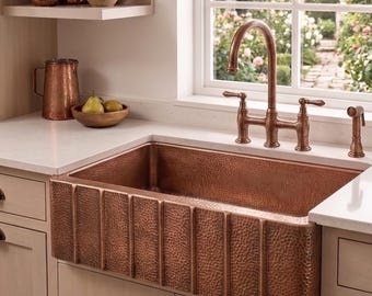 Handmade Apron Front Copper Kitchen Sink, Antique Copper Farmhouse Sink, Hammered Rustic Copper Basin, Vintage Kitchen Sink