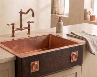 Modern Copper Farmhouse Sink, Black Apron Front Copper Kitchen Sink, Handcrafted Hammered Copper Sink