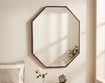 Handcrafted Dark Copper Wall Decor, Geometric Vanity Mirror for Bathroom, Vintage Octagon Dark Bronze Frame Wall Mirror