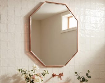 Antique Copper Octagon Mirror, Handcrafted Solid Copper Wall Mirror, Vintage Style Vanity Mirror for Bathroom & Entryway