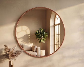 Antique Copper Round Mirror, Moroccan Round Wall  Vanity Mirror, Handcrafted Solid Copper Mirror for Bathroom, Living Room  Entryway