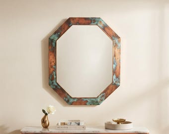 Antique Copper Rustic Mirror, Octagon Wall Mirror, Vintage Bathroom Vanity Mirror, Handmade Copper Home Decor, Geometric Entryway Mirror Art