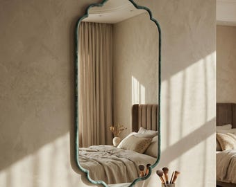 Rustic Brass Mirror, Patina Scalloped Wall Mirror, Antique Brass Vanity Mirror, Arched Bathroom Mirror, Vintage Boho Home Decor