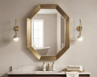 Unlacquered Brass Mirror, Octagon Wall Mirror, Brass Bathroom Mirror, Vintage Inspired Vanity Mirror, Handmade Brass Home Decor