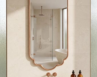 Copper Wall Mirror, Arched Scalloped Mirror, Antique Copper Mirror, Ornate Bathroom Mirror, Boho Vanity Mirror, Handcrafted Home Decor Style