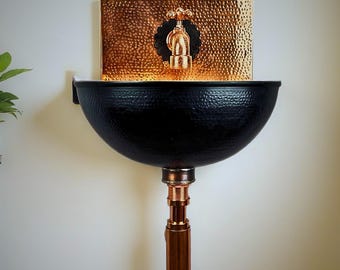 Black Hammered Copper Wall Mounted Sink with Faucet & Backplate – Handmade Moroccan Basin for Bathroom or Entryway
