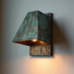 Handmade Oxidized Copper Wall Sconce: Rustic Blue-Green Patina Light