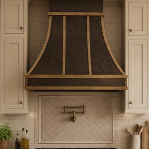 Antique Brass Range Hood, Custom Dark Brass Cooker Hood with Straps, Vintage Kitchen Vent Hood, Rustic Stove Cover, Farmhouse Exhaust
