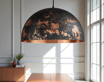 Hammered Copper Dome Pendant Light - Black Industrial Ceiling Lamp