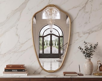 Modern Brass Wall Mirror, Organic Asymmetrical Mirror, Handmade Bathroom Vanity Mirror, Minimalist Brass Mirror, Entryway Decor