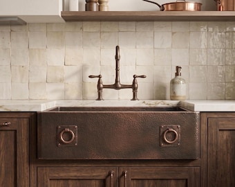 Handcrafted Bronze Copper Apron Front Kitchen Sink, Rustic Hammered Copper Sink, Oil Rubbed Copper Farmhouse Sink