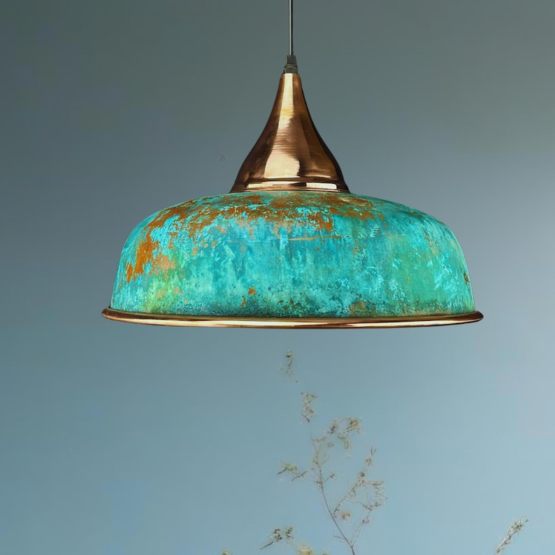 oxidized copper pendant light, green patina dome light, handmade copper lamp, rustic ceiling fixture, industrial kitchen lighting, artisan copper hanging light, vintage patina light, green dome pendant, moroccan ceiling light, hammered copper light fixture, farmhouse lighting, modern rustic pendant, kitchen island light fixture, custom handmade lighting, boho style pendant lamp, unique statement light, patina copper decor, handcrafted green light fixture, eco chic lighting, artisan dome pendant