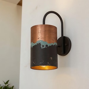 Handmade Copper Wall Sconce with Patina – Vintage Outdoor Light – Rustic Modern Cylinder Wall Lamp  Oxidized copper lamp