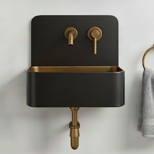 Solid Brass and black patina Wall Mounted Bathroom Sink - Handcrafted Industrial Basin - Modern Space Vanity Sink with Backsplash Set