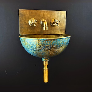 Green Patina Brass Wall Mounted Bathroom Sink with Cold & Hot Water Faucet – Handcrafted Brass Basin for Rustic and Modern Interiors