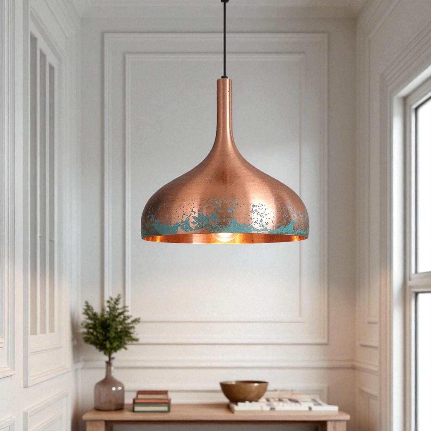 Handmade Copper Patina Pendant Light: Rustic Industrial Ceiling