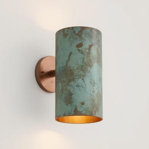 Green Patina Copper Wall Sconce – Handmade Cylinder Wall Light – Rustic Modern Indoor Outdoor Lamp with Brushed Copper Backplate