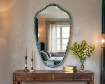 Handmade Brass Mirror, Verdigris Bathroom Mirror, Organic Wall Mirror, Green Patina Vanity Mirror, Rustic Decor