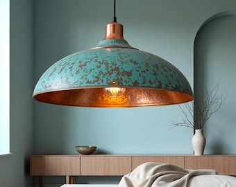 Handmade Green Patina Copper Dome Pendant Light: Rustic Artisan Lamp