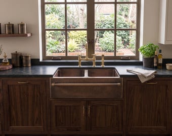 Rustic Brass Kitchen Sink, Oil Rubbed Hammered Basin, Double Bowl Farm Sink, Apron Front Sink, Dark Brass Sink With Towel Bar