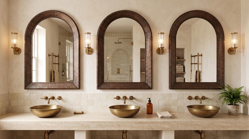 May include: Three arched wall mirrors with dark, hammered metal frames are mounted above a long stone vanity. Each mirror is flanked by a cylindrical wall sconce. Three brass vessel sinks sit on the vanity, paired with wall-mounted faucets.