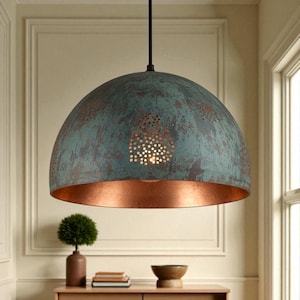 Oxidized Copper Dome Pendant Light with Perforated Pattern, Handmade Green Patina Ceiling Lamp for Kitchen Island or Dining Room