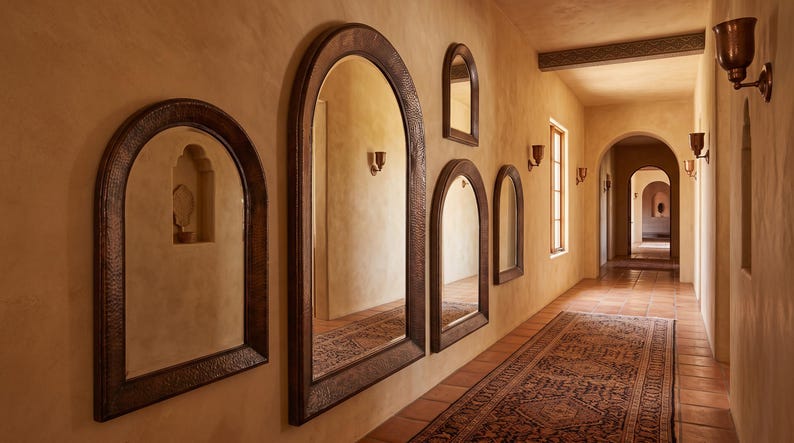 May include: A series of arched mirrors with dark, textured metal frames mounted on a warm-toned wall. The mirrors vary in size and shape, reflecting the hallway space. The arrangement includes several wall-mounted light fixtures with metallic finishes.