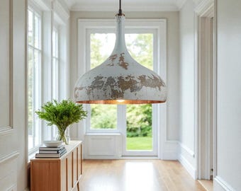 Rustic White Patina Pendant Light with Aged Copper Detail, Vintage Farmhouse Ceiling Lamp for Kitchen Hallway or Dining Room