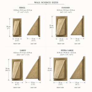 May include: A size chart for wall sconces showing four brass-colored fixtures in small, standard, large, and extra-large sizes. Each category displays front and side views with dimensions in centimeters and inches, ranging from 7 inches to 11.8 inches.