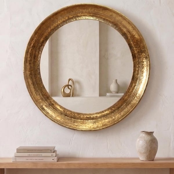 Ronde messing spiegel, diepe gouden wandspiegel, op maat gemaakte badkamerspiegel, handgemaakte decoratie voor de entree, boho rustieke spiegel
