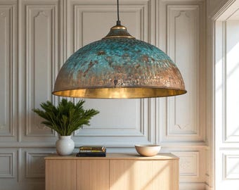 Rustic Patina Dome Pendant Light: Industrial Brass Hanging Lamp