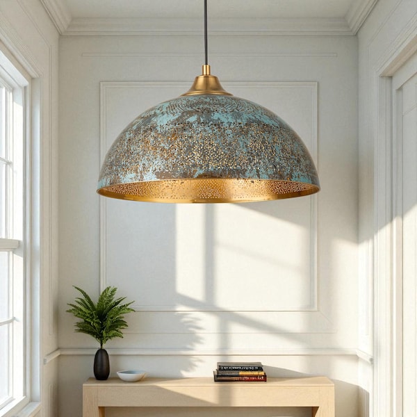 Handmade Blue Patina Brass Dome Pendant Light: Rustic Vintage Hanging Lamp
