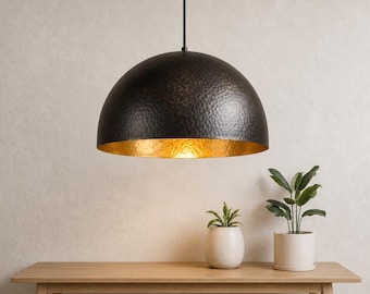 Antique Brass Dome Ceiling Lamp, Black Hammered Brass Pendant Light, Gold Interior Kitchen Island Fixture, Moody Modern Boho Hanging Light