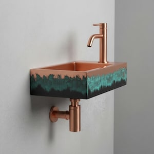Wall Mounted Copper Sink, Floating Basin, Verdigris Bathroom Washbasin, Custom Artistic Metal Vanity, Smooth Rectangular Sink