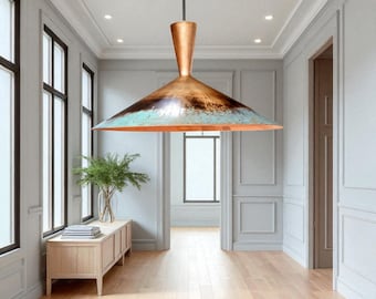 Handmade Copper Pendant Light: Rustic Patina Dome Lamp, Industrial Lighting