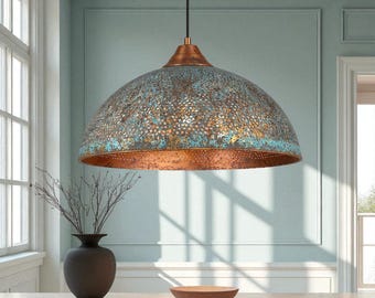 Handmade Blue Patina Copper Dome Pendant Light Rustic Vintage Hanging Lamp with Aged Oxidized Finish for Kitchen Dining Living Room Decor