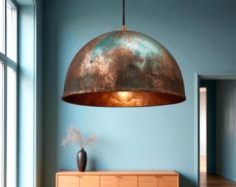 Handmade Green Patina Copper Pendant Light: Rustic Dome Lamp