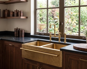 Farmhouse Brass Sink, Double Bowl Apron Front Basin, Hammered Metal Kitchen Sink, Antique Brass Farm Sink With Towel Bar