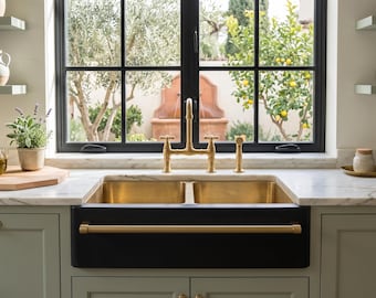Handcrafted Brass Farm Basin, Two Tone Brass Kitchen Sink, Black Apron Farmhouse, Smooth Double Basin